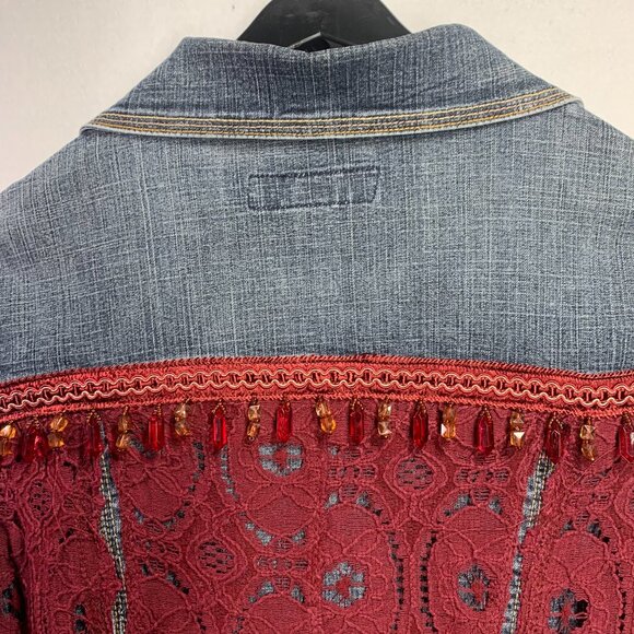 Elegant Boho Denim Jacket Embellished Lace Beaded Handcrafted Luxe Rockstar - Picture 9 of 11